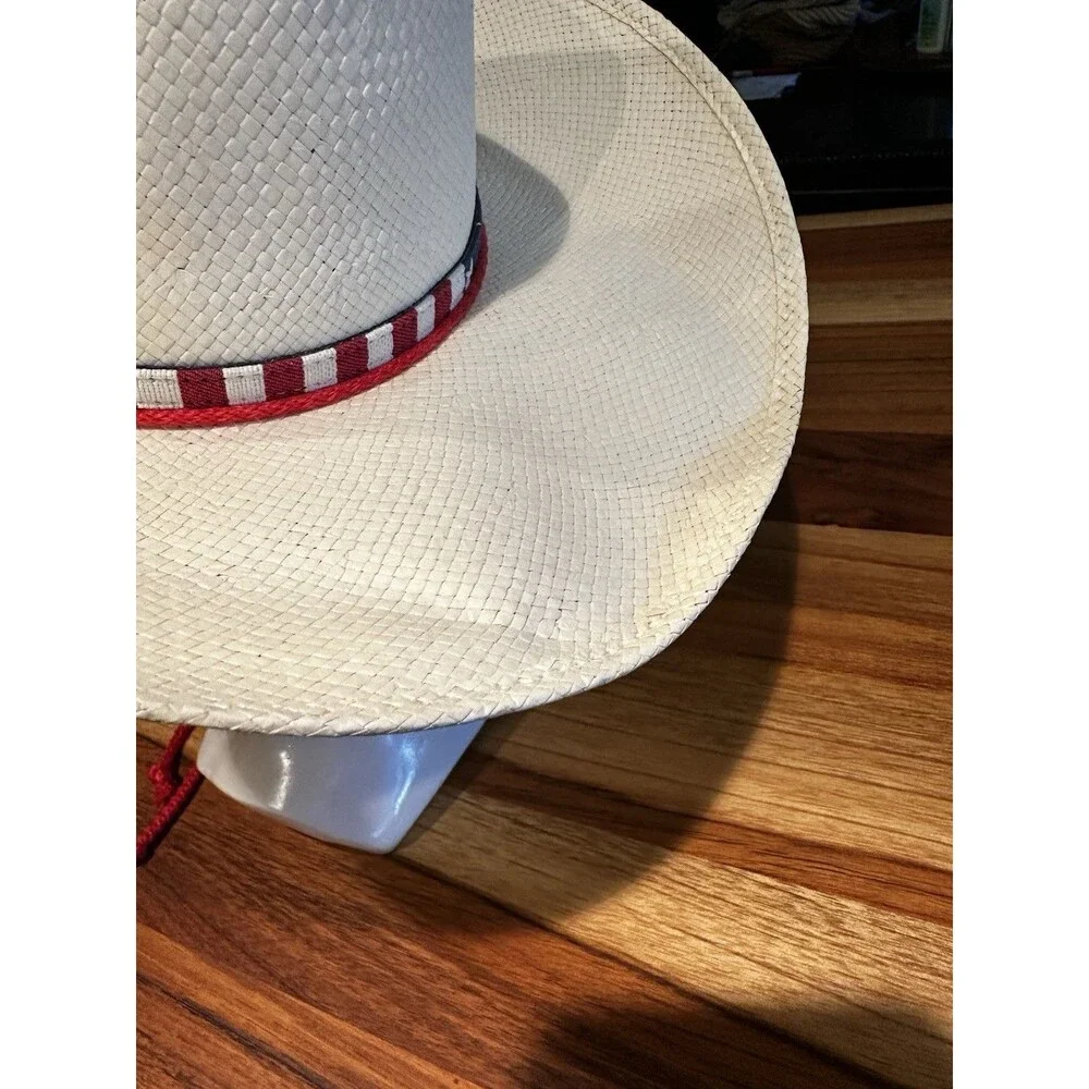 STETSON STRAW COWBOY WESTERN HAT American Flag Band W/ Drawsting 54cm Or 6 3/4